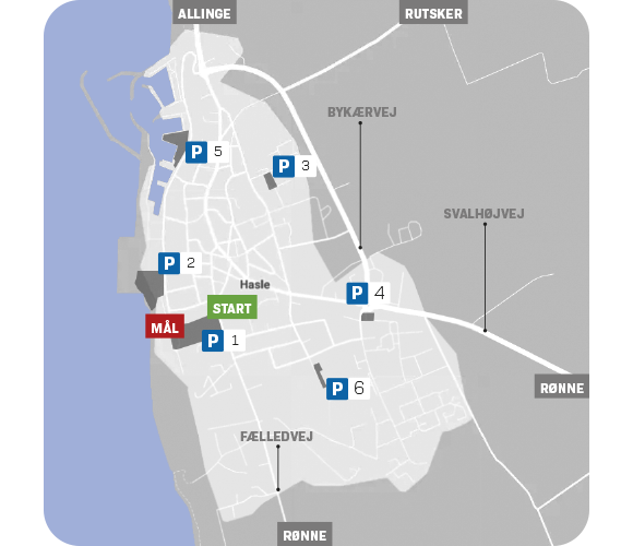 Oversigt, der viser hvor man kan parkere i Hasle i forbindelse med 1. etape af Etape Bornholm.